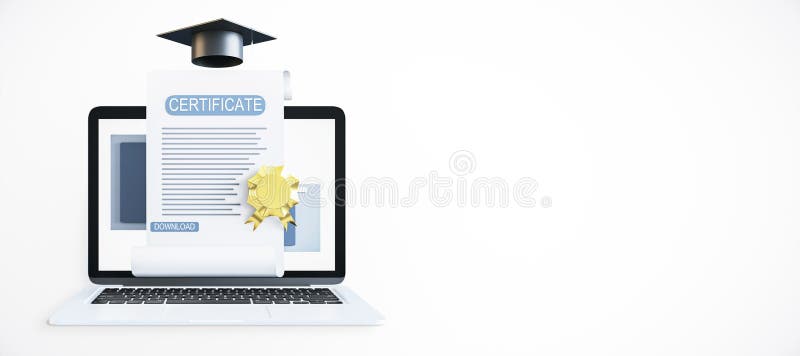 Digitalt certifikat på skärmen till den bärbara datorn med graderingshölje på isolerad vit bakgrund 3d-rendering royaltyfri illustrationer