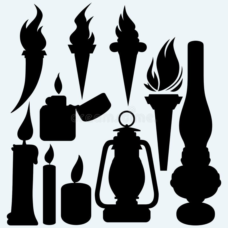 Digno de nota: vela, tochas flamejantes, lâmpada de querosene e isqueiro do zippo do metal ilustração do vetor