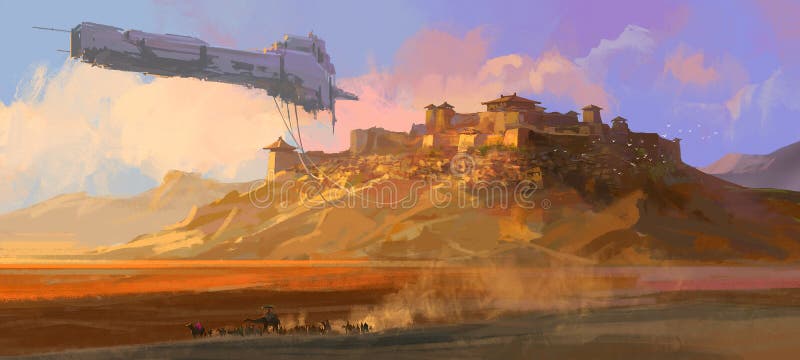 The dilapidated spaceship floating above the Gobi, digital painting