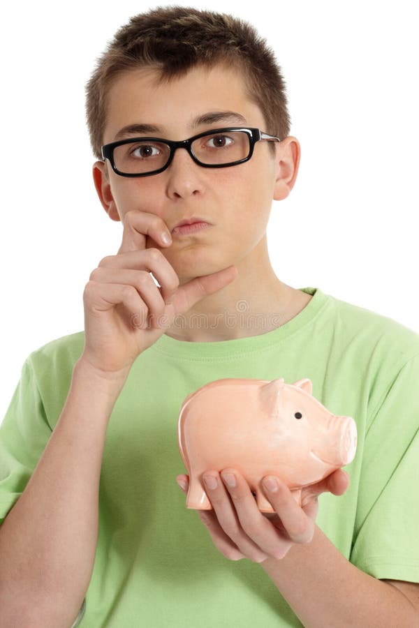 Dilema de los ahorros del muchacho fotografía de archivo Dilema de los ahorros del muchacho fotografía de archivo