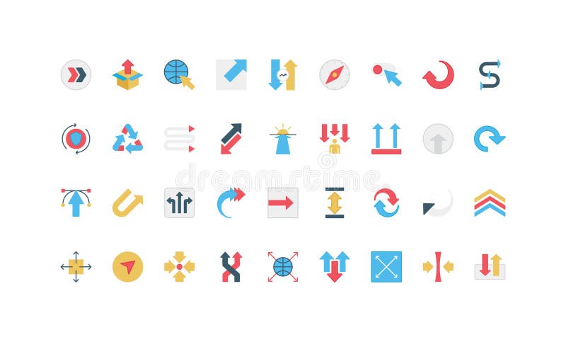 Dimension and way direction arrows infographic signs, loop cycle process color icon set royalty free illustration