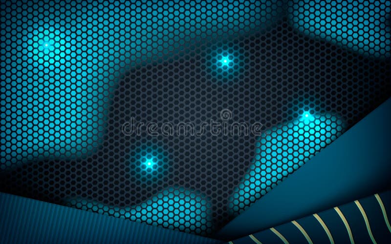 Dimensión abstracta azul sobre fondo hexagonal oscuro. solapar capas textura con lista dorada y decoración de elementos de luces a