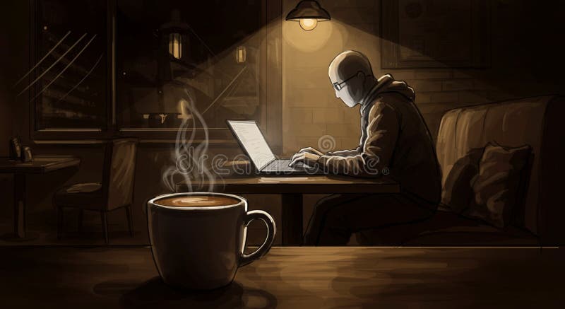 Dimly lit café interior with a bald person wearing glasses, seated at a table royalty free illustration