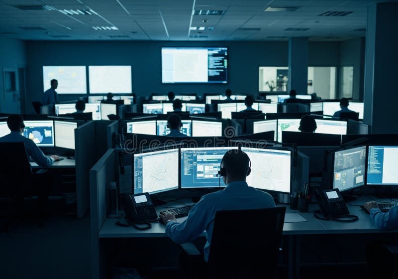 Dimly lit control room filled with vector illustration
