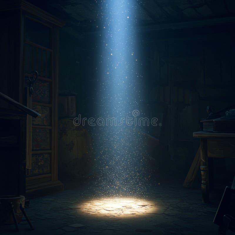 Dimly lit room with a dramatic beam of light piercing through a ceiling opening royalty free illustration