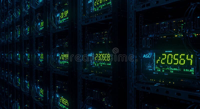 A dimly lit server room displays rows of mining rigs, each with a digital screen vector illustration