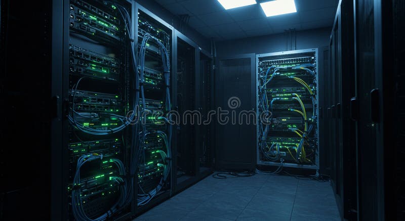 Dimly lit server room featuring multiple racks filled with network equipment. Glowing royalty free illustration