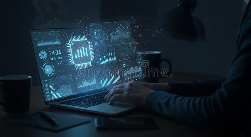 A dimly lit setting with a person working on a laptop. The screen displays stock illustration