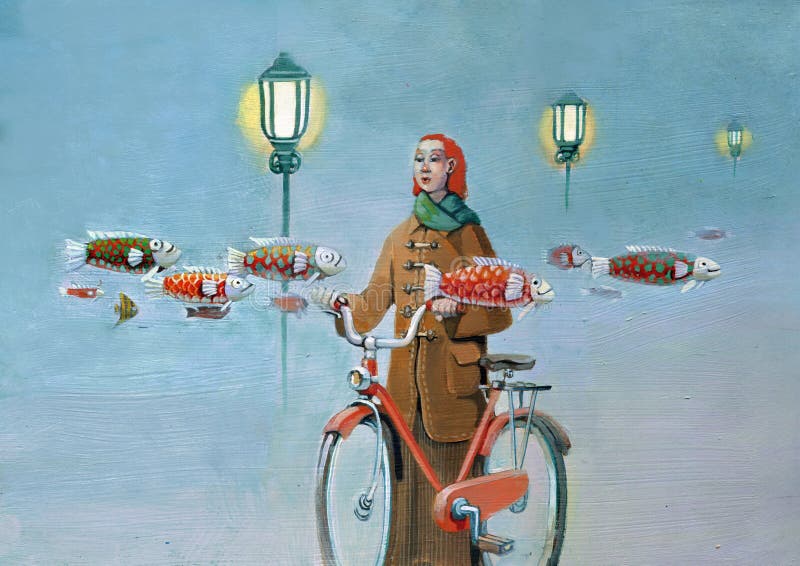 Dimmig morgonflicka med cykeln i parkera vektor illustrationer