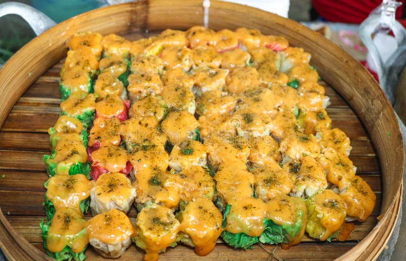 Dimsum mentai with various flavors in a steamer. Various dimsum boiled. Dimsum restaurant stock images, royalty-free photos and pictures