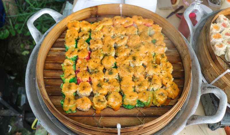 Dimsum mentai with various flavors in a steamer. Various dimsum boiled. Dimsum restaurant stock images, royalty-free photos and pictures