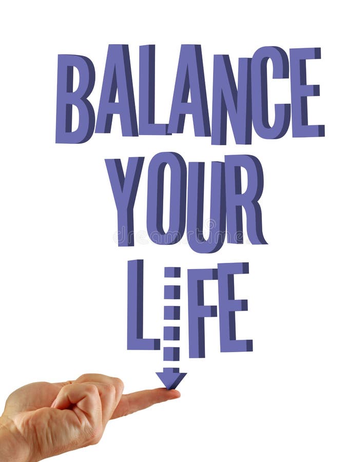 Balance your life written in 3D on an isolated white background, finger balances letter I in life. Balance your life written in 3D on an isolated white background, finger balances letter I in life.