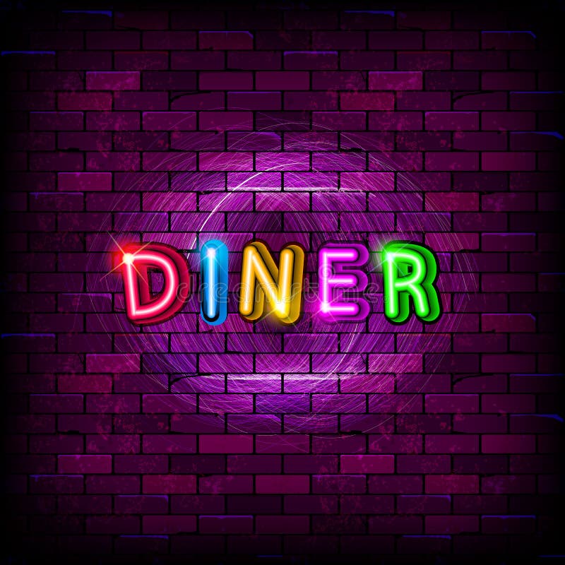 Diner neon sign on the brick wall vector illustration Diner neon sign on the brick wall vector illustration