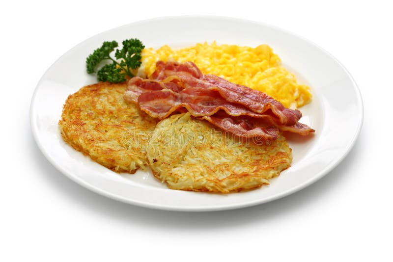 Hash Browns, Scrambled Eggs and Bacon Stock Image - Image of hashed