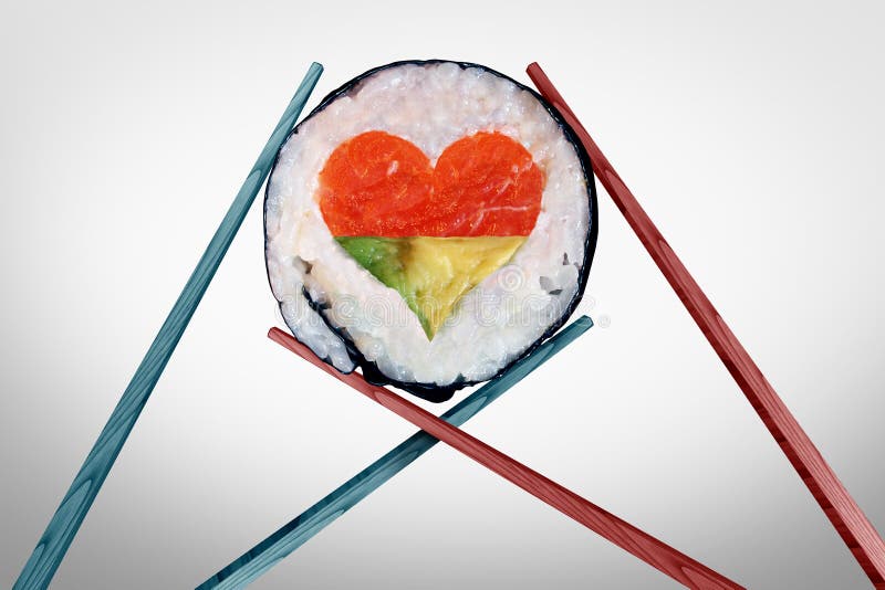 Dinner for two dining and romantic date concept as a couple of chopsticks holding a sushi piece with a love heart shape with 3D illustration elements. Dinner for two dining and romantic date concept as a couple of chopsticks holding a sushi piece with a love heart shape with 3D illustration elements.