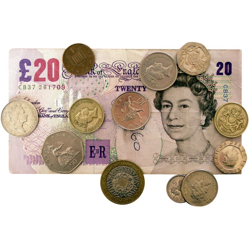 British Pounds including banknote and coins. British Pounds including banknote and coins