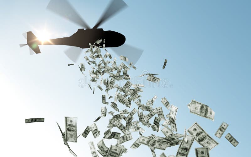 Dinheiro deixando cair do helicóptero no céu