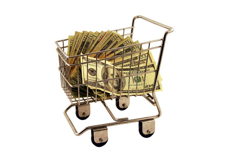 Dinheiro enchido do carro de compra imagens de stock royalty free Dinheiro enchido do carro de compra imagens de stock royalty free
