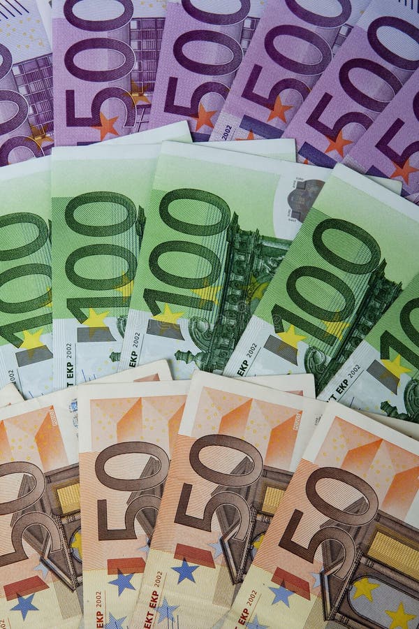 European money, 50 Euro, 100 Euro and 500 Euro banknotes. European money, 50 Euro, 100 Euro and 500 Euro banknotes