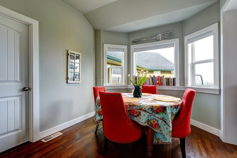 Dining Area with Red Soft Chairs and Hardwood Floor. Stock Image Image of room, inside 74360955