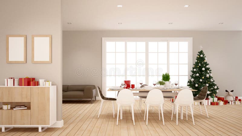 Dining room and christmas tree in home ro apartment - Illustration for christmas day - 3D Rendering royalty free stock photography Dining room and christmas tree in home ro apartment - Illustration for christmas day - 3D Rendering royalty free stock photography