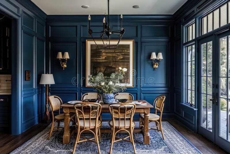 Dining Room with Dark Blue Moody Walls Stock Illustration