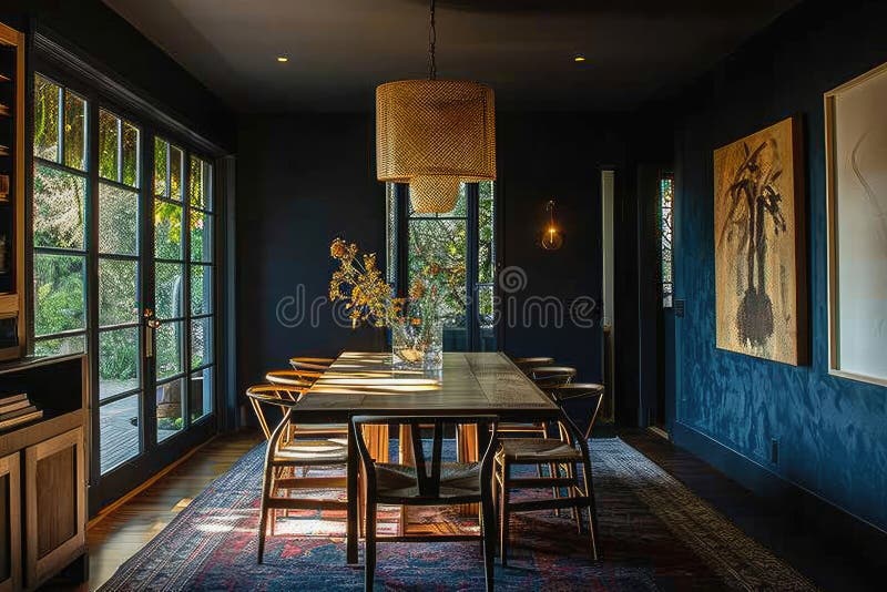 Dining Room with Dark Blue Moody Walls Stock Illustration