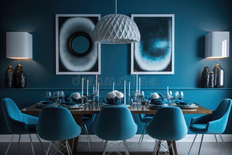 Dining Room Interior Design with Blue Wall. Illustration AI Generative