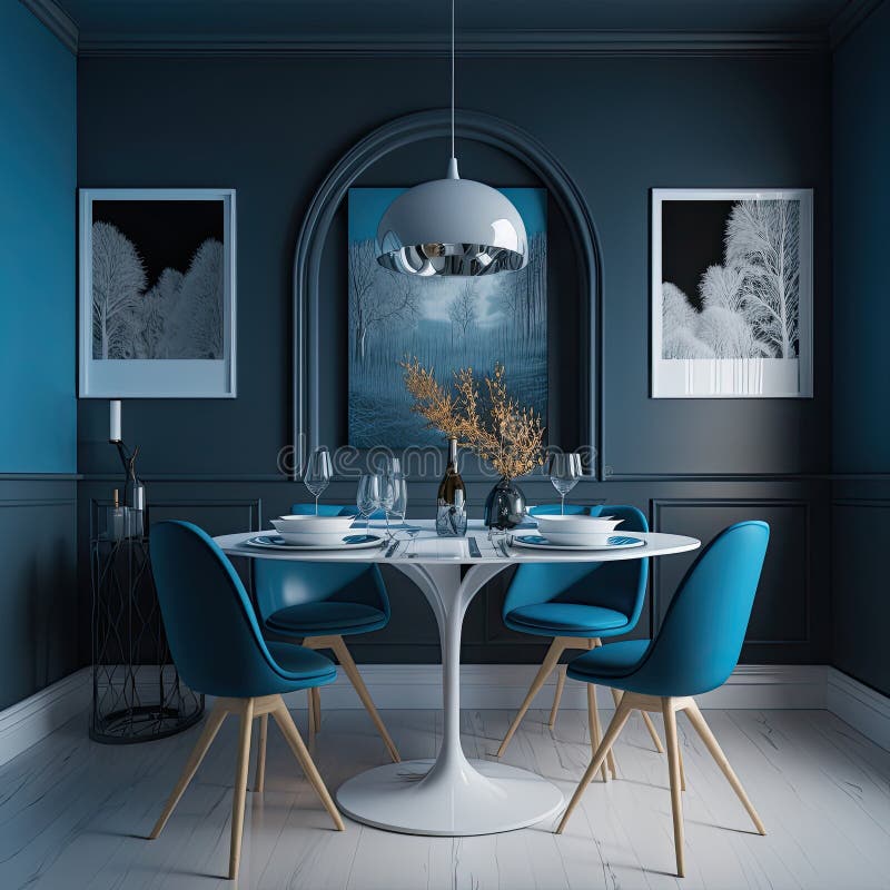 Dining Room Interior Design with Blue Wall. Illustration AI Generative