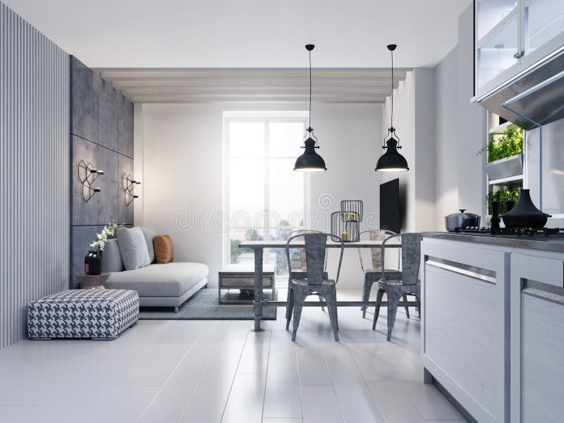 Dining Room with Dining Table and Sitting Area with Sofa in a Modern
