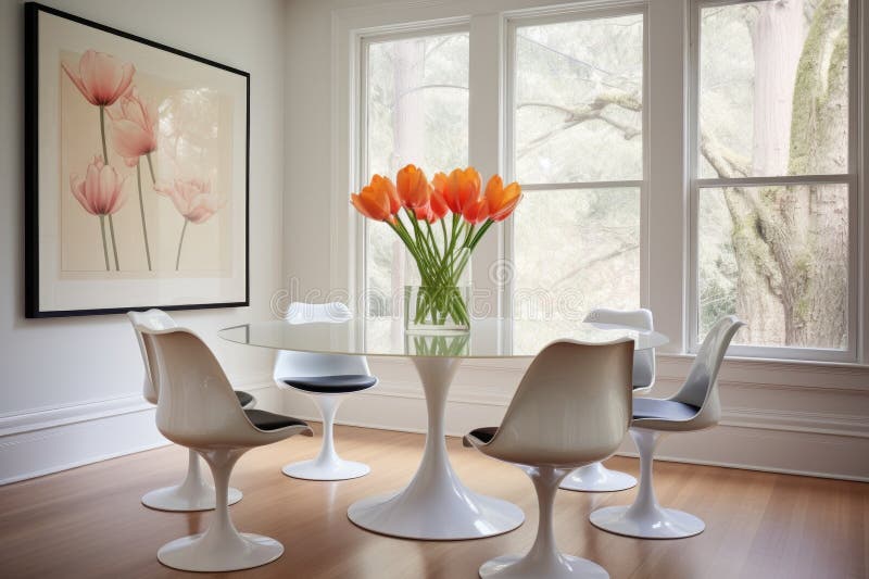 A Dining Room with Tulip Table and Molded Plastic Chairs Stock Photo