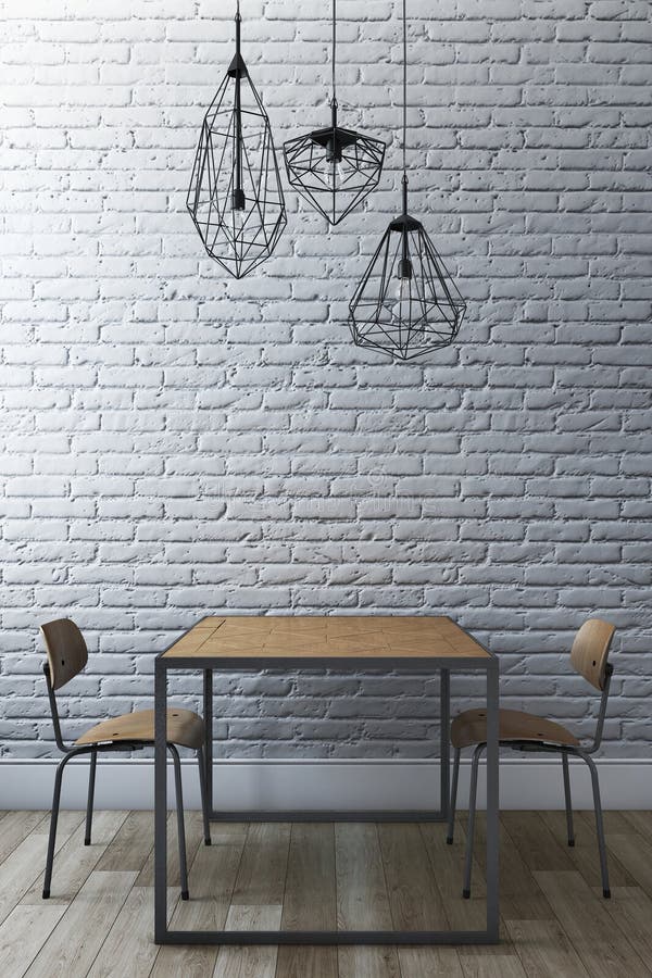 Dining Set with Brick Wall and Modern Chandelier. 3d Illustration Stock