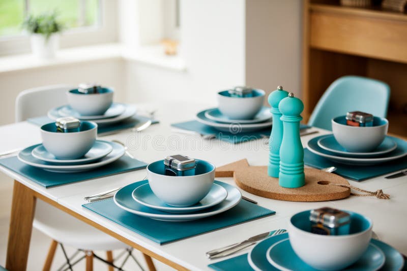 Dining Table with turquoise blue place settings