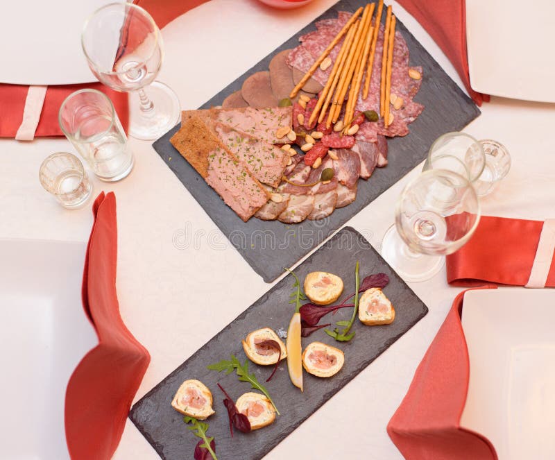 Dining Table, Served Table with Food, Meat, Top View. Stock Photo