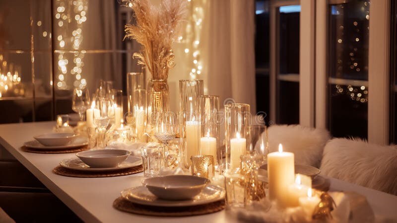 Elegant dinner table illuminated by multiple luxury candles