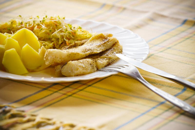 Dinner Meal Fish with Salad and Potatoes Stock Image - Image of