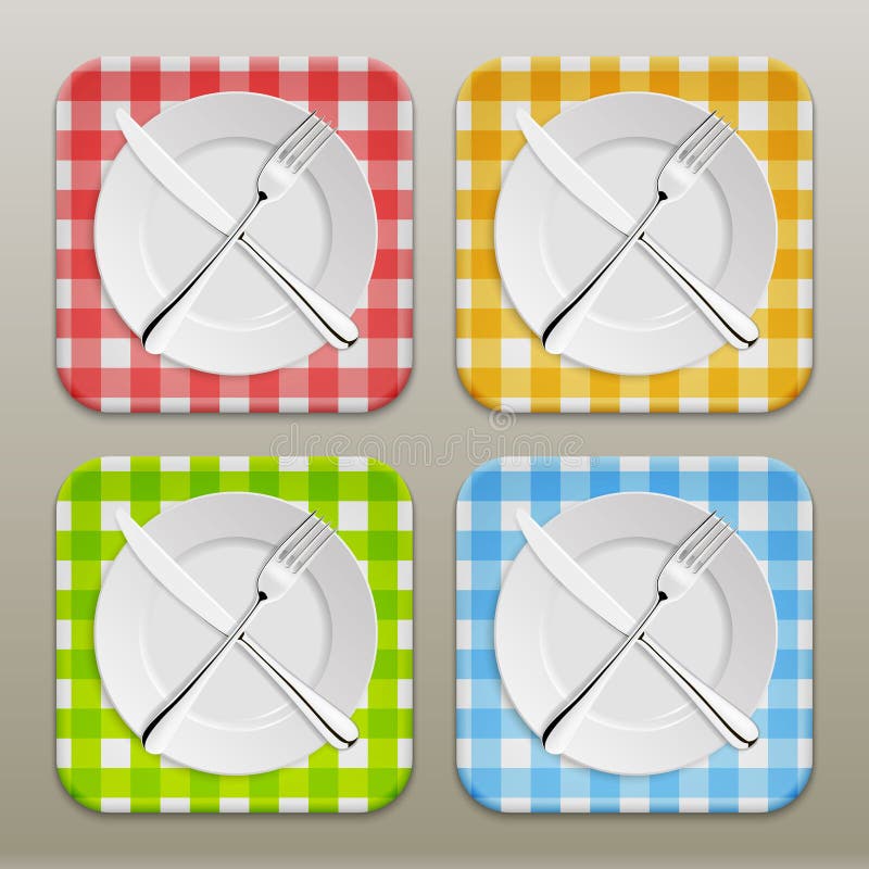 Dinner place setting icon set. Realistic white plate with silver fork and spoon on a checkered tablecloth background - stock illustration Dinner place setting icon set. Realistic white plate with silver fork and spoon on a checkered tablecloth background - stock illustration