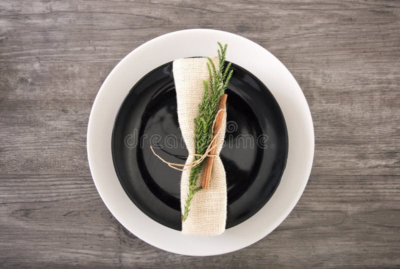 Decoration Dinner Plate Setting on Wood Table Top View Stock Photo