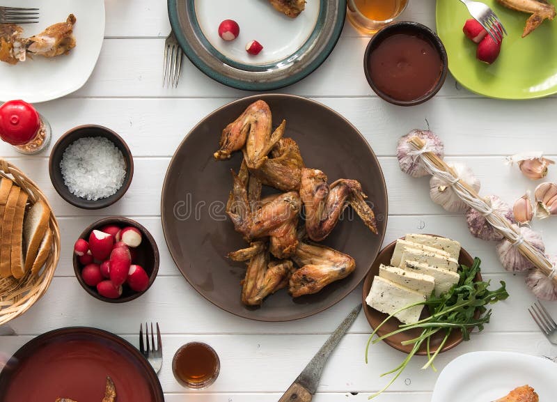 Family Dinner with Roasted Chicken Wings Stock Image Image of tasty