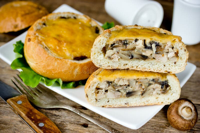 Dinner Rolls Stuffed with Mushroom, Chicken Meat and Cheese Stock Image