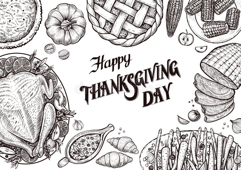 Dinner table, top view. Template with vector illustrations of food for tradition Thanksgiving day menu. stock illustration Dinner table, top view. Template with vector illustrations of food for tradition Thanksgiving day menu. stock illustration