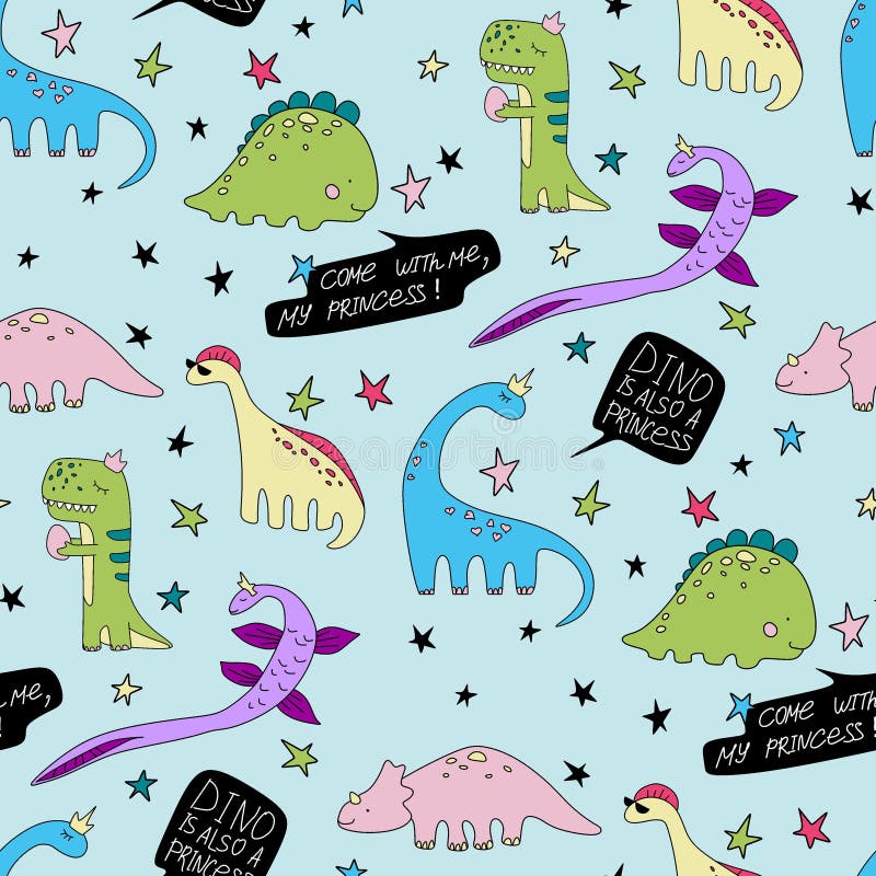 Download Dino Is Also Princess Vector Seamless Pattern Cartoon ...