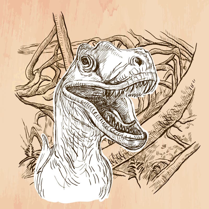Dino, Dinosaurs - an Hand Drawn Vector. Line Art. Stock Vector