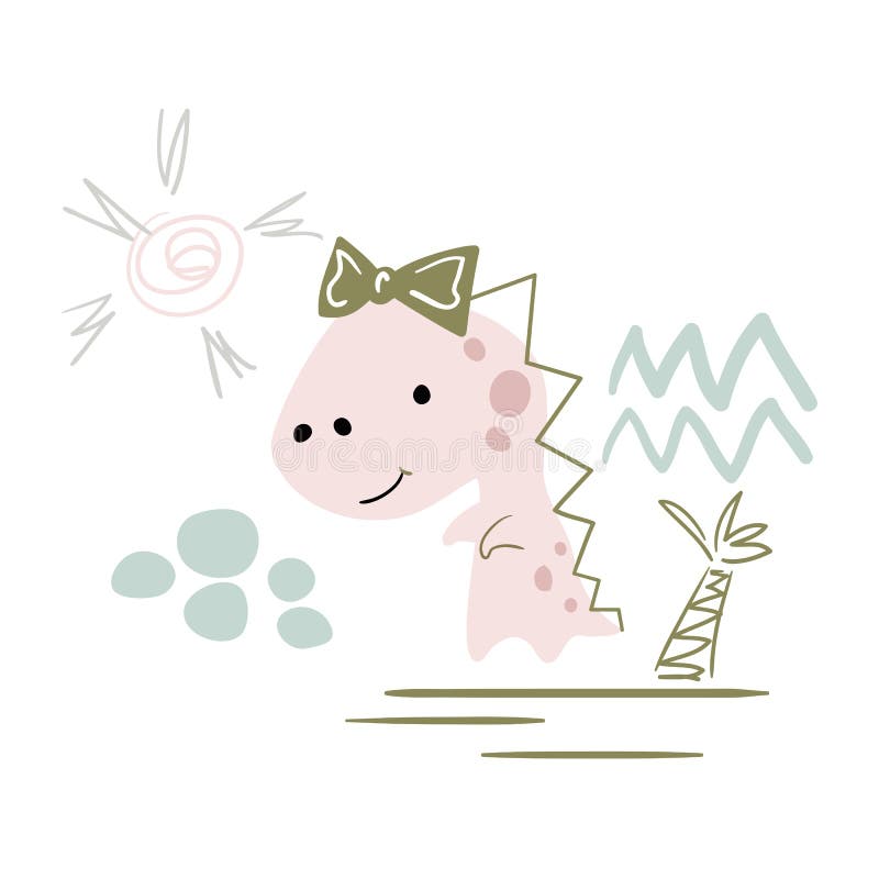 Dinosaur baby girl cute print. Sweet dino with bow.