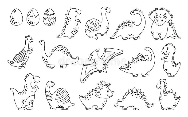 Dinosaur Black Linear Cartoon Set Flat Line Vector Stock Vector -  Illustration of isolated, fantasy: 197268238