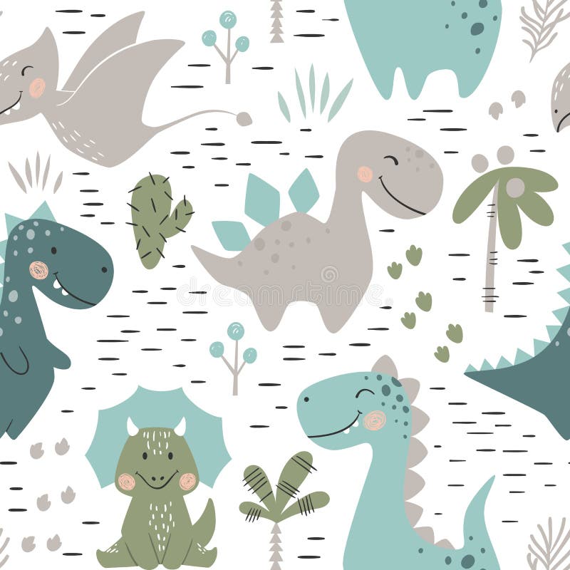 Dinosaur baby boy seamless pattern. Sweet dino with palm and cactus. Scandinavian cute print. Cool illustration for nursery t-shirt, kids apparel, invitation cover, simple child background design. Dinosaur baby boy seamless pattern. Sweet dino with palm and cactus. Scandinavian cute print. Cool illustration for nursery t-shirt, kids apparel, invitation cover, simple child background design