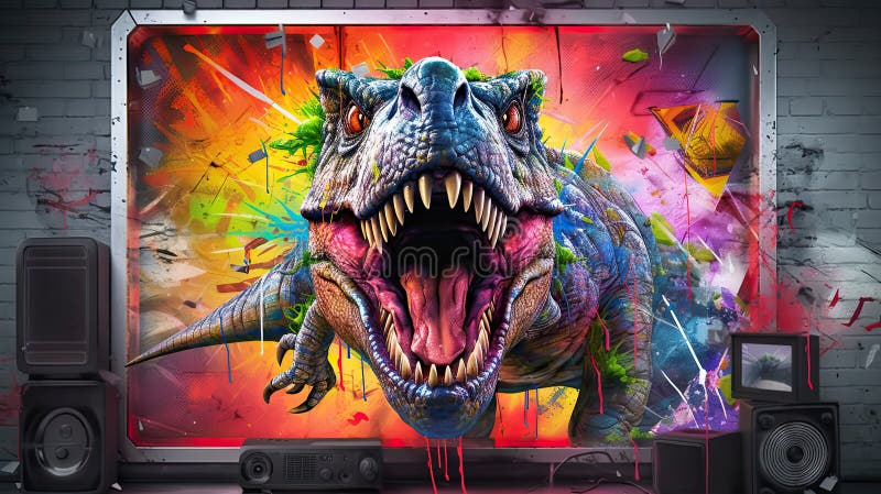 Dinosaur coming out of a TV in 3D. royalty free illustration