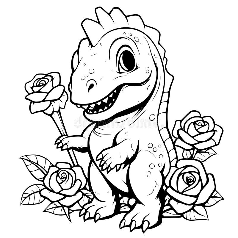 Dinosaur with a Flower Coloring Page for Kids Stock Vector ...