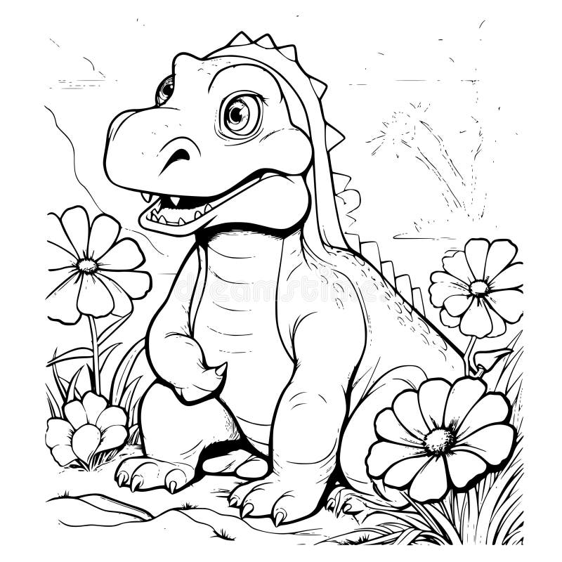 Dinosaur with a Flower Coloring Page for Kids Stock Vector ...
