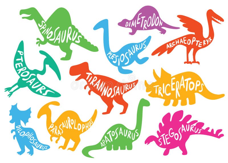 Dinosaur outline with inscriptions inside. Dinosaur silhouettes set